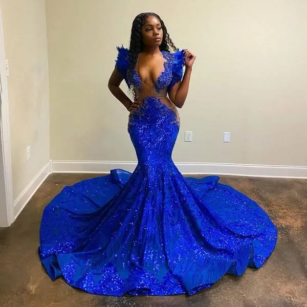 2023 Royal Blue Deep V Neck Long Prom Dresses Y1431