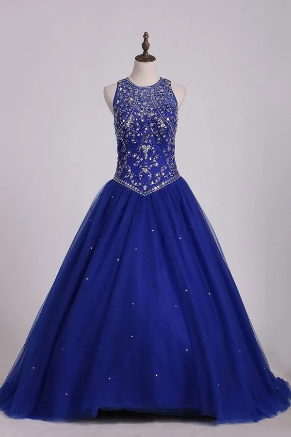 2024 Dark Royal Blue Scoop Quinceanera Dresses Ball Gown Tulle With Beading Court PQQPSN71