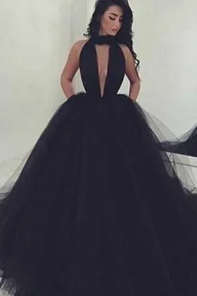 2024 Elegant Black Ball Gown Sexy Backless Long Sleeveless V-Neck Tulle Prom Dresses