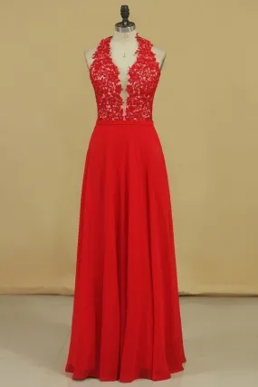 2024 New Arrival V Neck Prom Dresses A Line Chiffon With Applique And Beads Floor PMQSNAXG