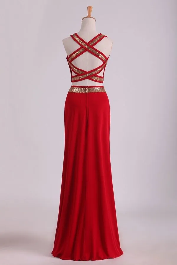 2024 Open Back Prom Dresses Two Pieces Spandex With Beads And Slit PRKBJL1T