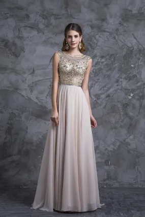 2024 Prom Dresses A-Line Scoop Beaded Bodice Floor-Length Chiffon Zipper PM8C45BY