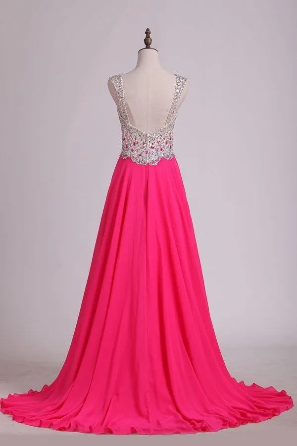 2024 Prom Dresses A Line Sweetheart Chiffon Sweep Train With Beads And P6HL7638