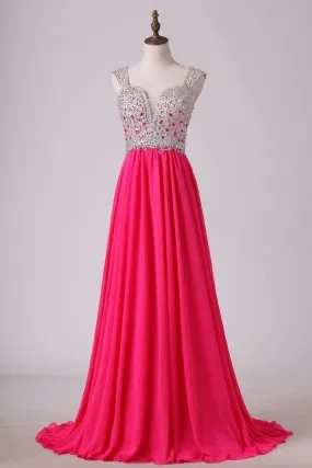 2024 Prom Dresses A Line Sweetheart Chiffon Sweep Train With Beads And P6HL7638