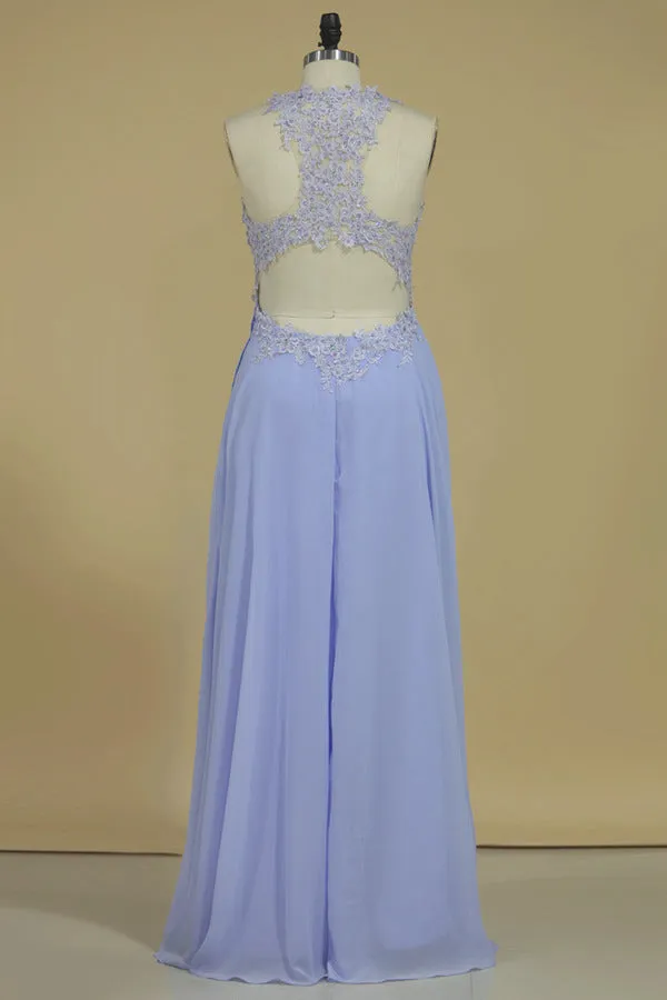 2024 Prom Dresses Open Back Scoop Chiffon With Applique And Beads Sweep Train A PM7JY5Q7