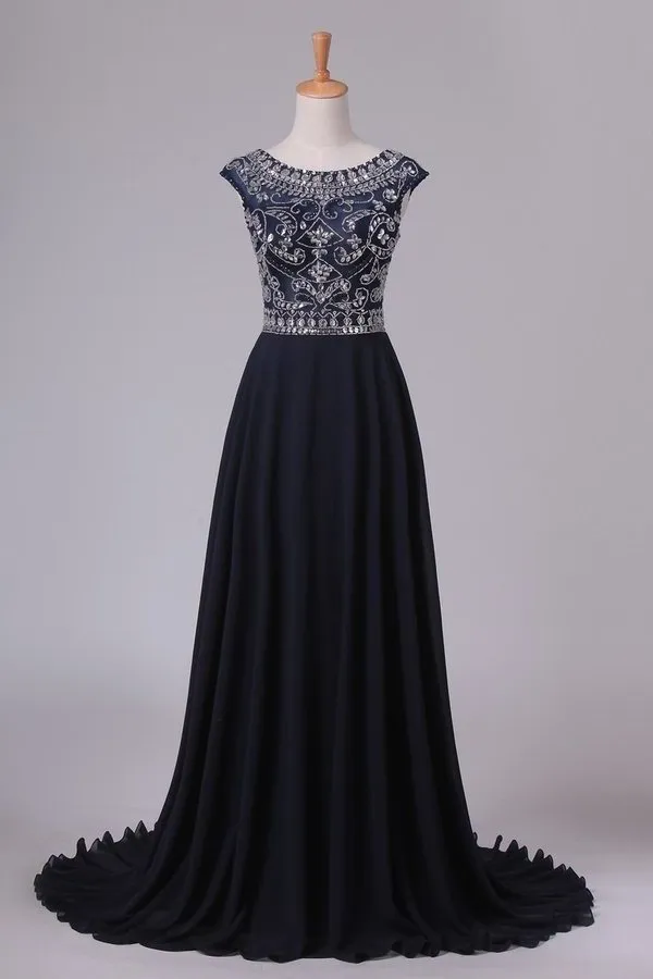 2024 Prom Dresses Scoop Cap Sleeves A Line Chiffon With Beads Sweep P6AY54T8