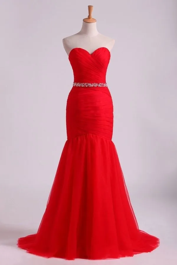 2024 Red Mermaid Sweetheart Floor Length Prom Dresses With Ruffles And PJLR8N71