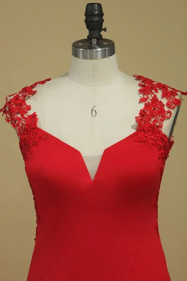 2024 Red Straps Open Back Sheath Prom Dresses Spandex With Applique PHTTDMDS