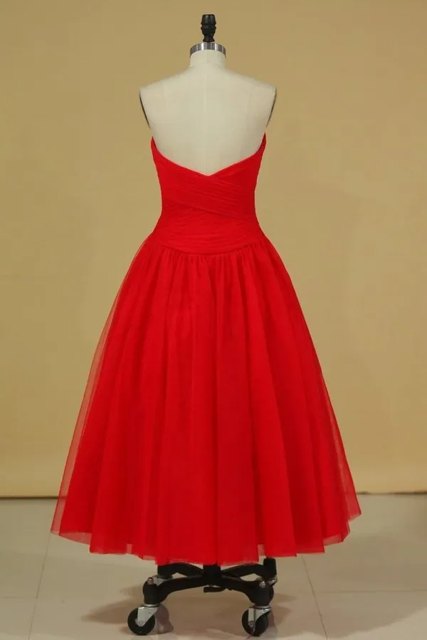 2024 Red Sweetheart Prom Dresses A Line Tulle With Ruffles Ankle Length PR3M527M