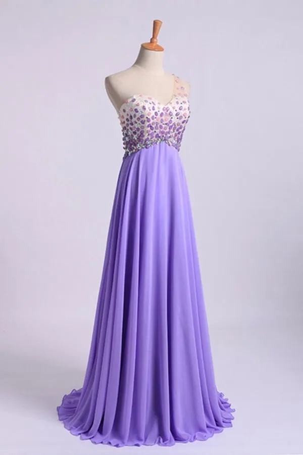 2024 Romantic Prom Dresses A Line One Shoulder With Beadings Tulle And Chiffon PMSQYH51