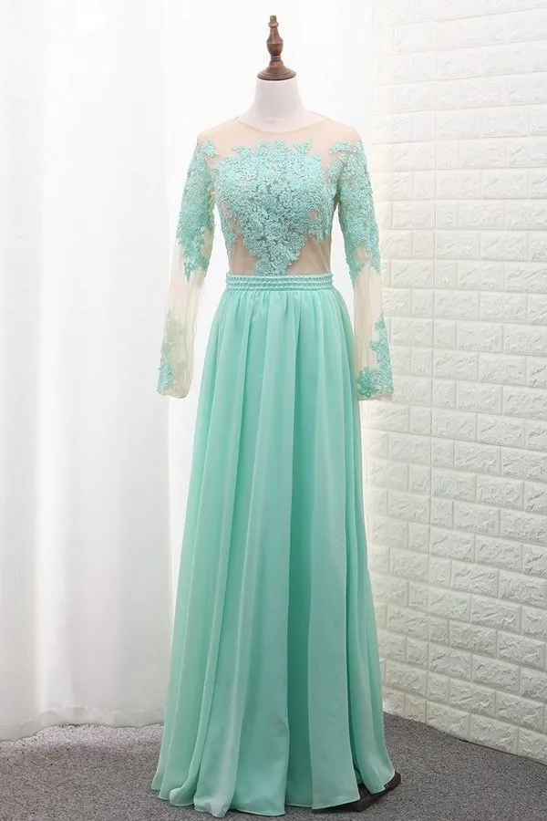 2024 Scoop A Line Chiffon Long Sleeves Prom Dresses With P2CJTCX5