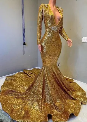 2024 Sexy Mermaid Gold V Neck Backless Long Sleeves Sequence African American Prom Dresses