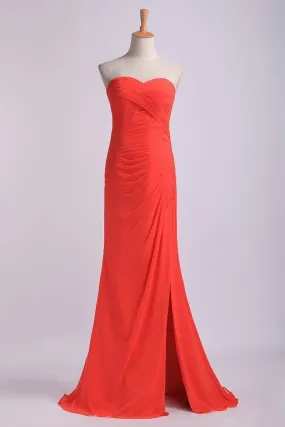 2024 Sheath/Column Prom Dresses Sweetheart Chiffon With Slit And Ruffles PABSZQGD