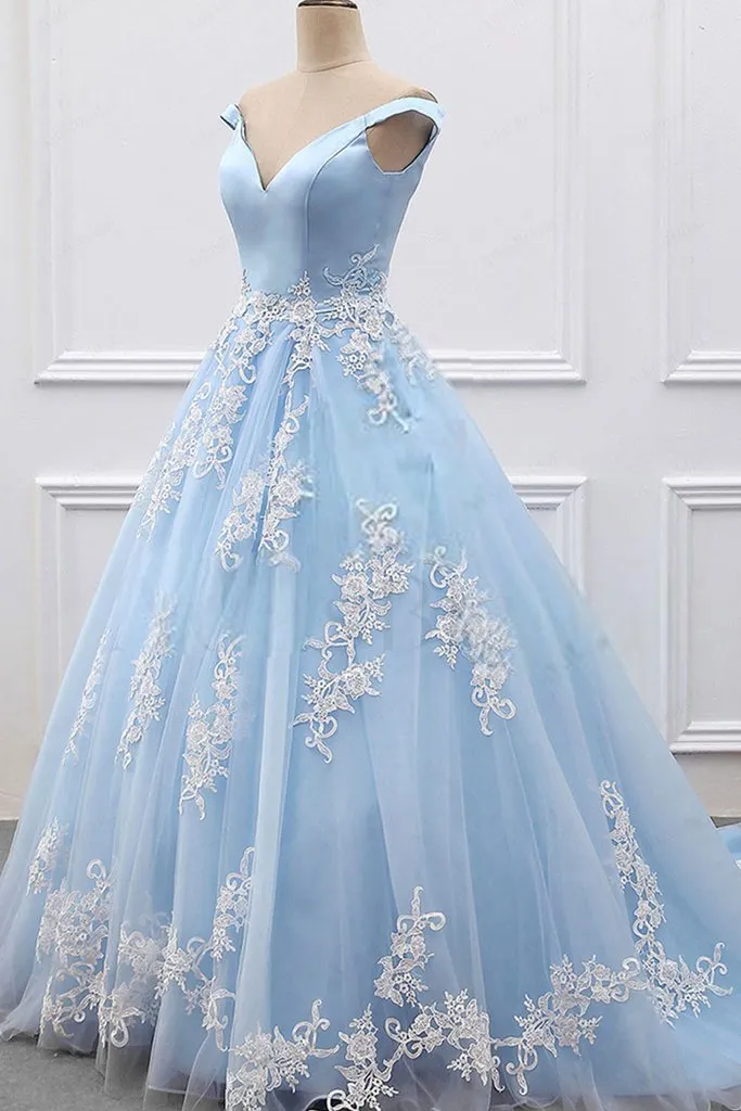 2024 Sky Blue Appliques Charming Ball Gown Off-the-Shoulder V-Neck Prom Dresses JS573