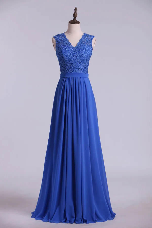 2024 V Neck Cap Sleeves Prom Dresses Chiffon Floor Length With Applique & PFF4Q52B