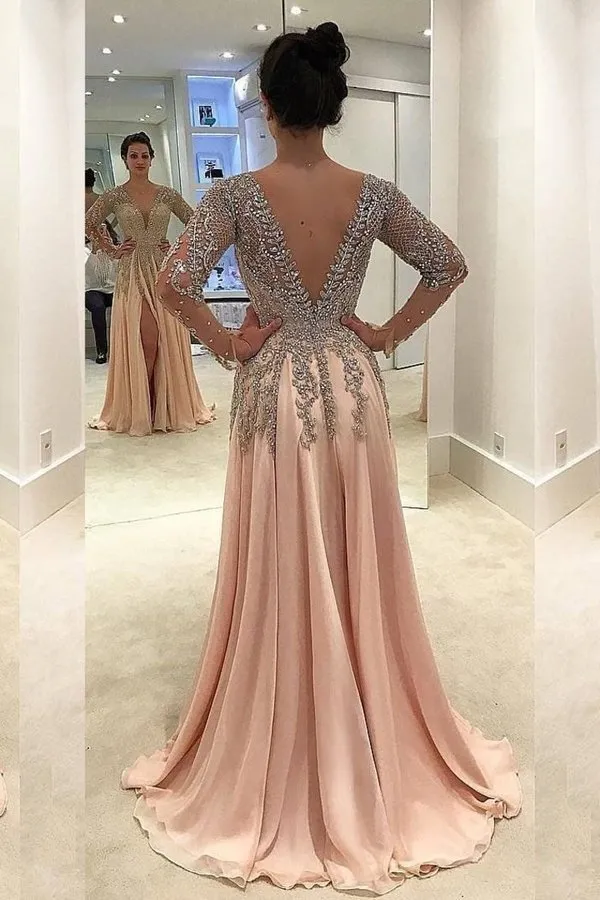 2024 V Neck Long Sleeves Prom Dresses A Line Chiffon With Beads PEEBARRD