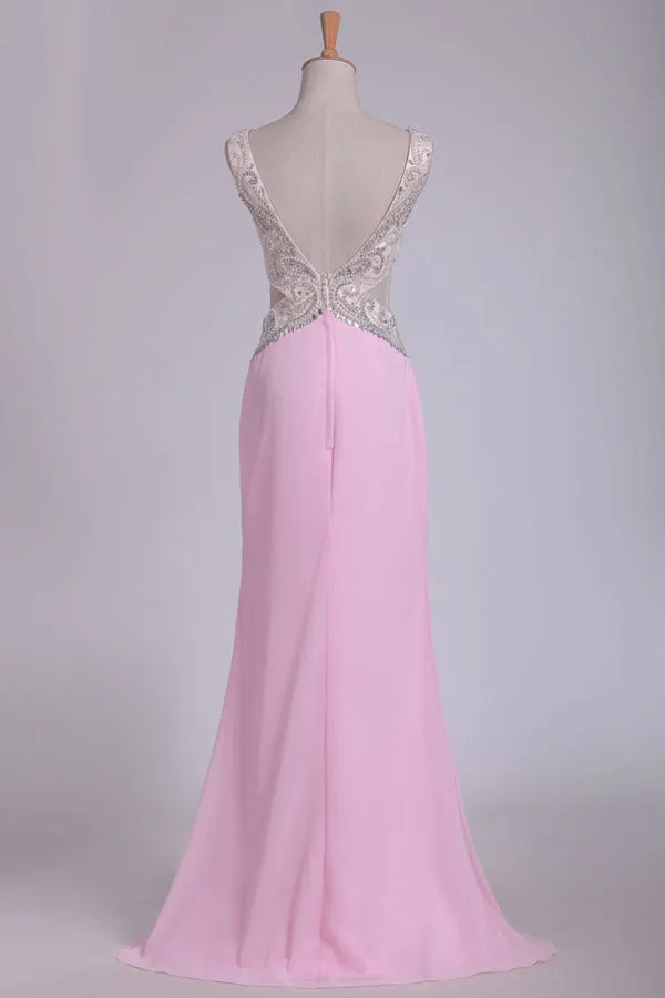 2024 V Neck Open Back Sheath Prom Dresses Chiffon With Beads PM1AQENZ