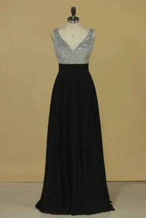 2024 V Neck Prom Dresses A Line Beaded Bodice Chiffon PMG52ZKH