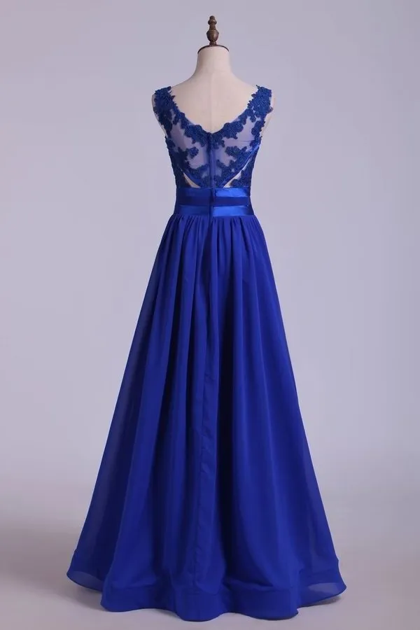 2024 V-Neck Prom Dresses A Line Chiffon With Applique Dark P4EYH4BF