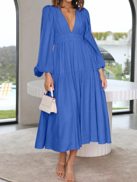 8 Elegant Long V-Neck Balloon Sleeve Maxi Dresses