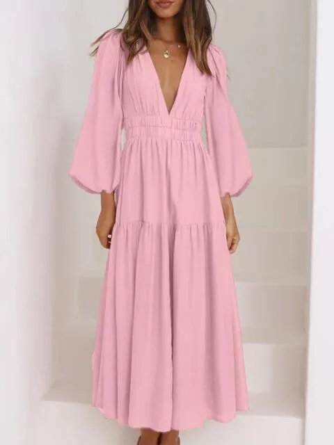 8 Elegant Long V-Neck Balloon Sleeve Maxi Dresses