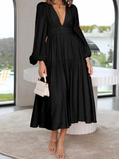 8 Elegant Long V-Neck Balloon Sleeve Maxi Dresses