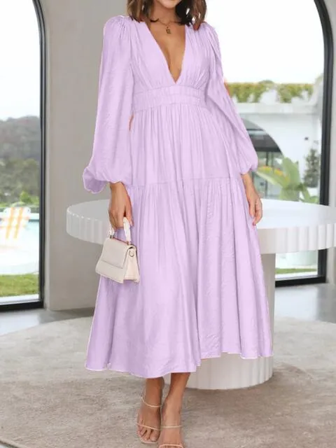 8 Elegant Long V-Neck Balloon Sleeve Maxi Dresses