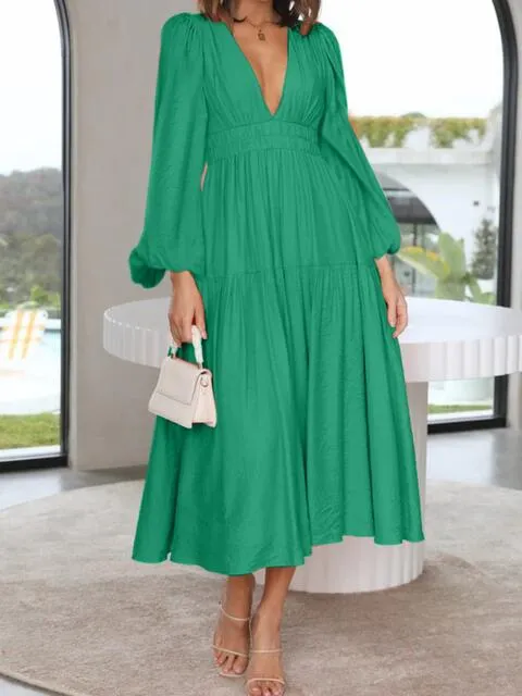 8 Elegant Long V-Neck Balloon Sleeve Maxi Dresses