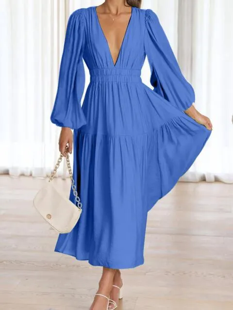 8 Elegant Long V-Neck Balloon Sleeve Maxi Dresses