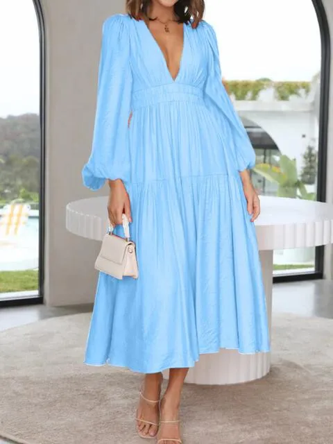 8 Elegant Long V-Neck Balloon Sleeve Maxi Dresses