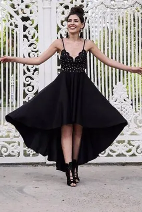 A Line Black V neck Short High Low Spaghetti Straps Prom Dresses Homecoming Dress