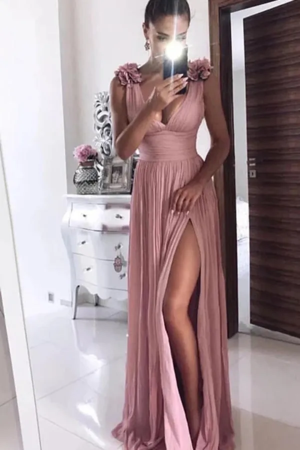 A Line Chiffon V Neck Prom Dresses With Split Long Formal Dress With PX7R33ZZ