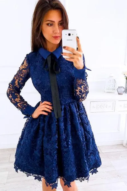 A-Line Crew Long Sleeves Above Knee Grey Lace Short Homecoming Dresses