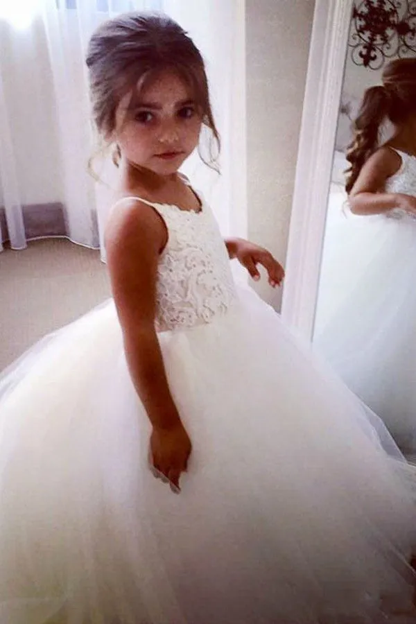 A Line Floor Length Spaghetti Sleeveless Appliques Flower Girl Dresses