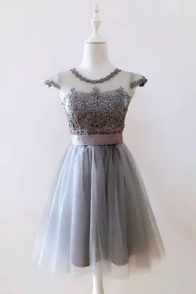 A Line Gray Cap Sleeves Lace up Appliques Tulle Scoop Short Homecoming Dresses