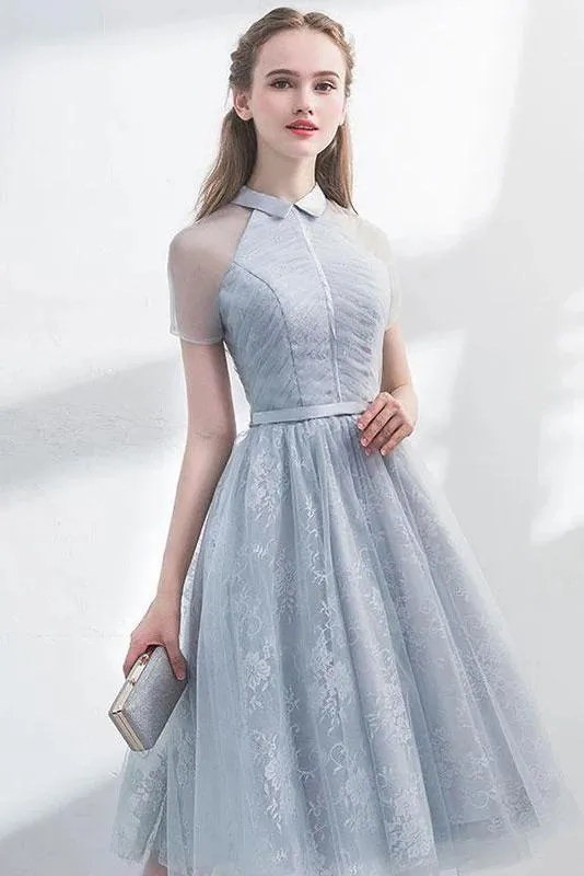 A Line Short Sleeves Tulle Halter Homecoming Dress with Lace Cute Short Prom Dress