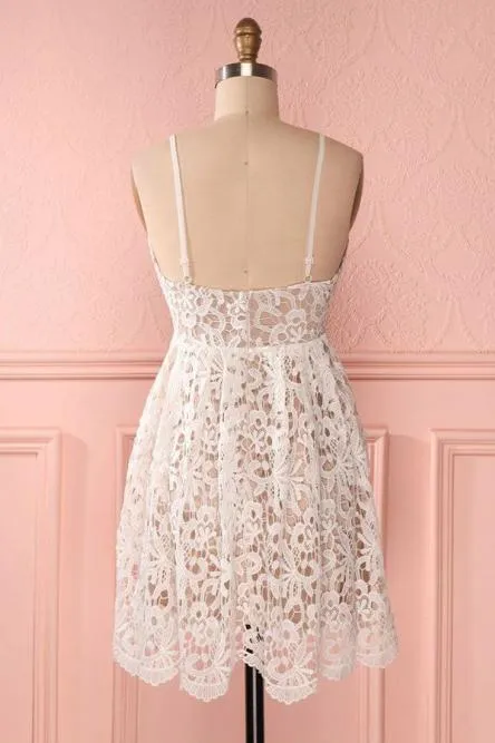 A Line Spaghetti Straps Short Lace Ivory V Neck Homecoming Dress Short Prom Dresses