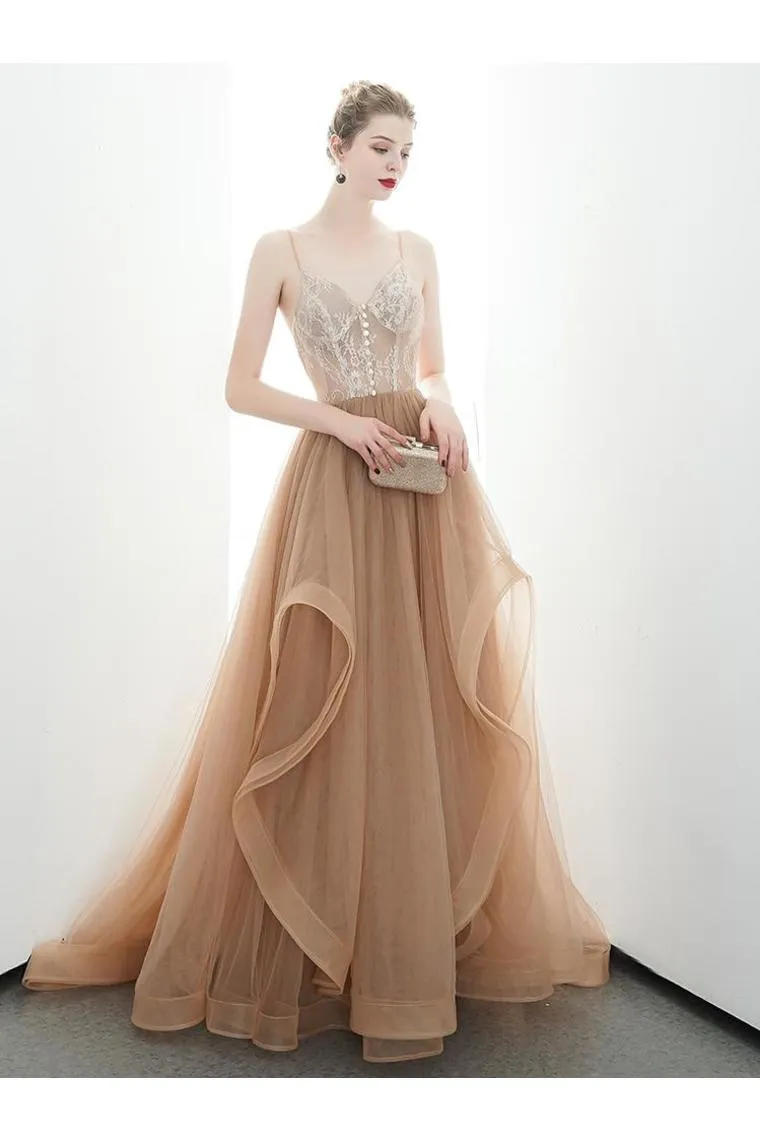 A-Line Spaghetti Straps Tulle Long Appliques Prom Dresses Formal Evening Dress,JL20125