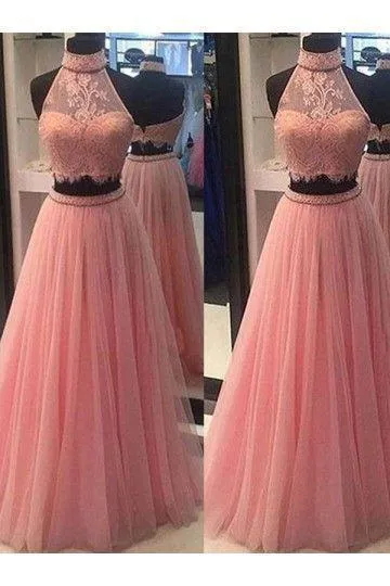 A Line Two Pieces Halter Long Pink Tulle Backless Prom Dress with Beading Lace