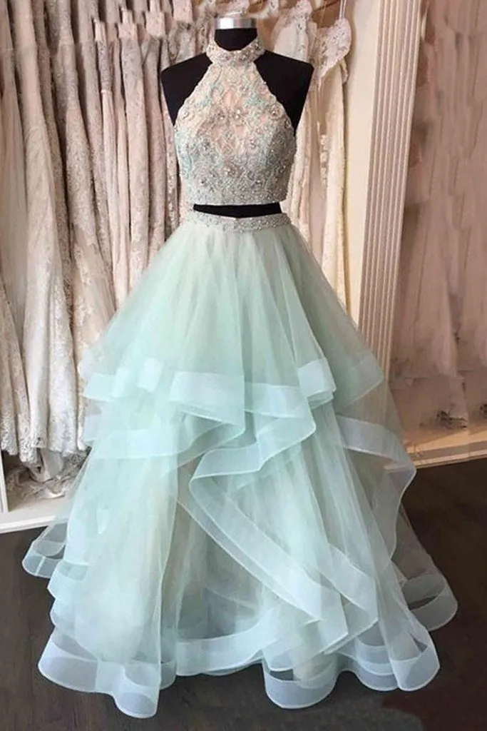 A-line two pieces high neck light mint long prom dresses, PD5216