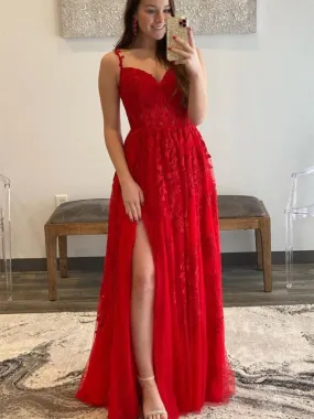 A Line V Neck Red Lace Tulle Long Prom Dresses with High Slit, Floor Length Red Lace Formal Graduation Evening Dresses