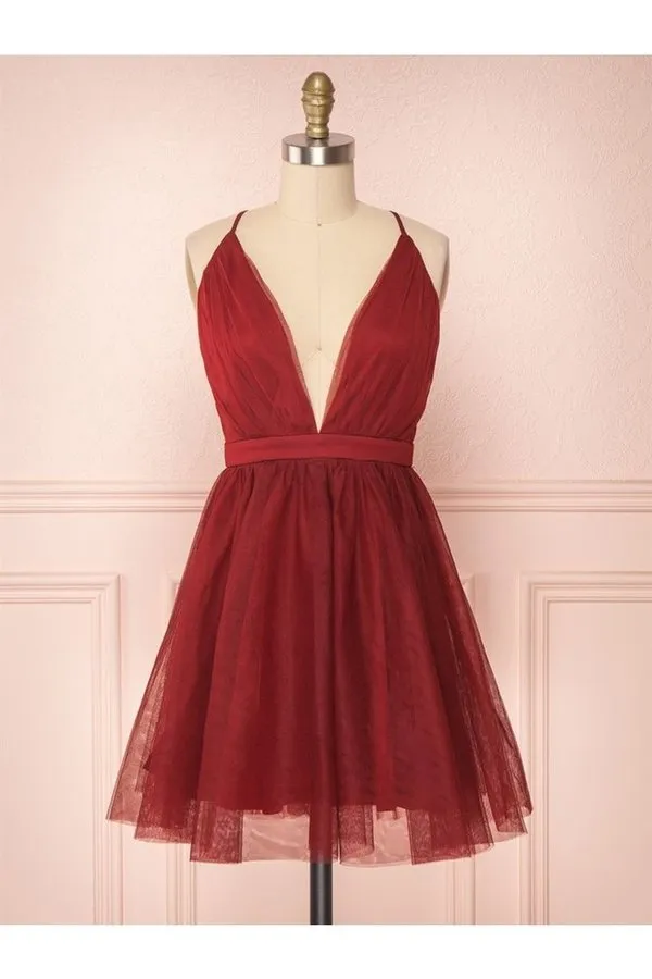 A Line V Neck Short Red/Burgundy Tulle Prom Dresses P43NMLDN