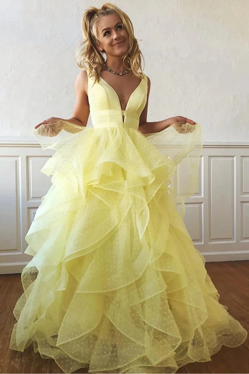 A Line Yellow Multi-layered Polka Dot Organza Prom Dresses Long Sweet 16 STK15616