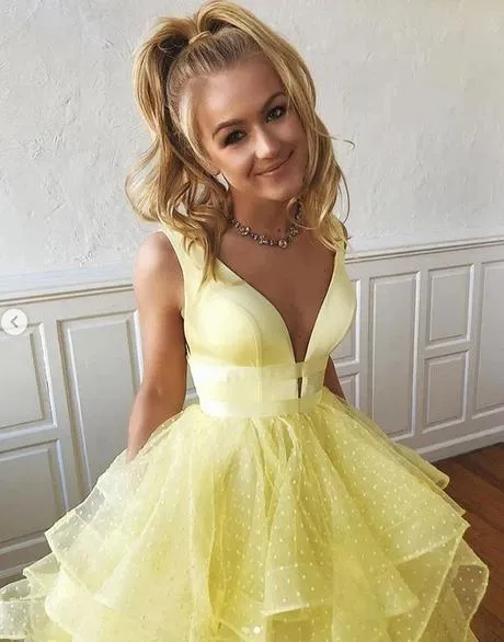 A Line Yellow Multi-layered Polka Dot Organza Prom Dresses Long Sweet 16 STK15616