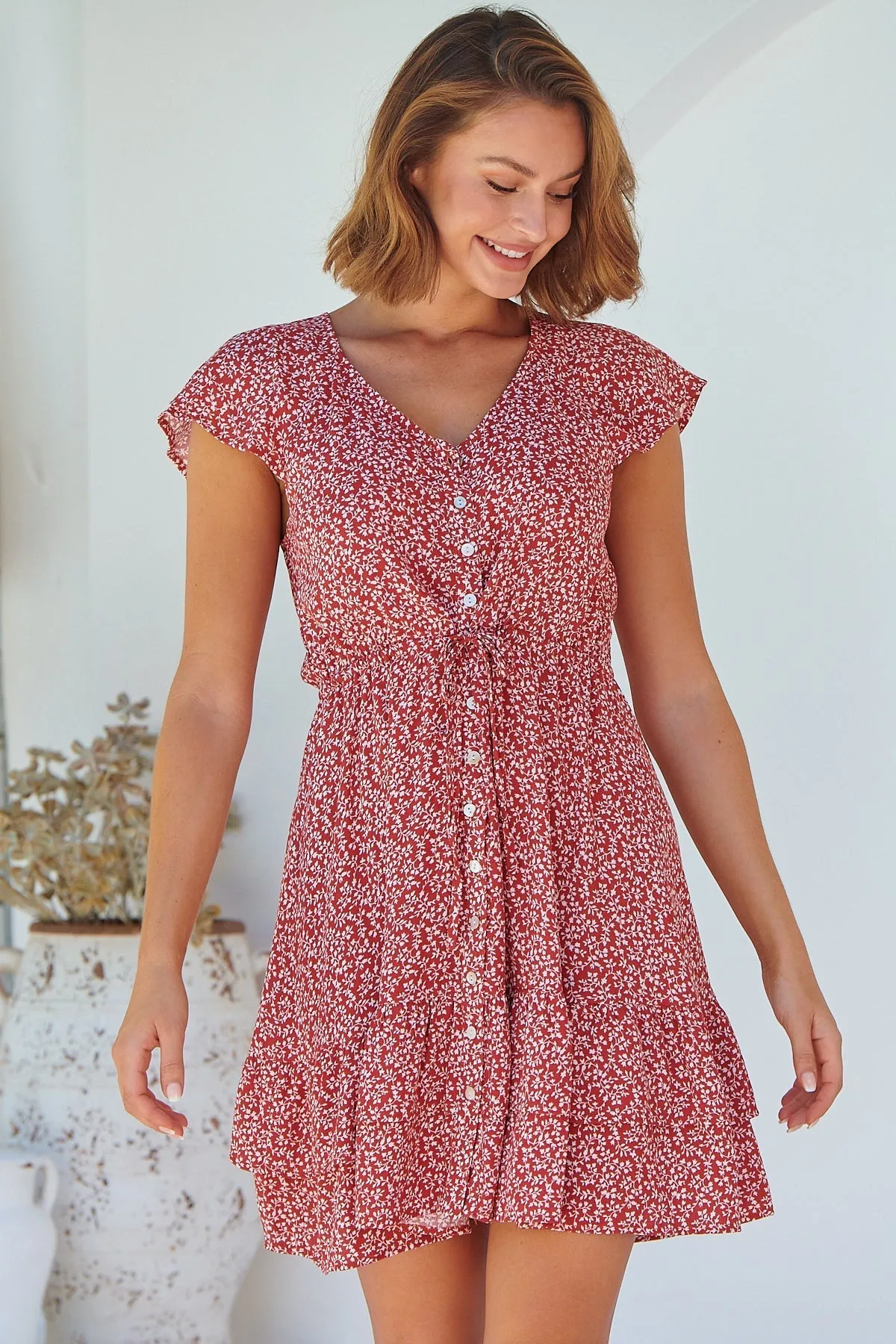 Amerella Button Red Floral Print Summer Dress