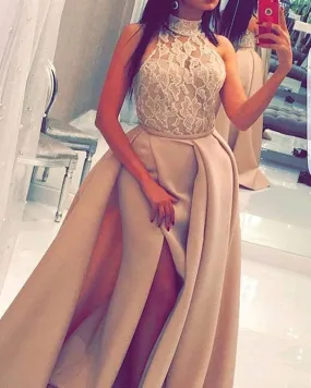 Arabic Style Lace Embroidery High Neck Satin Mermaid Prom Dresses