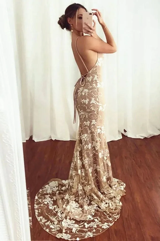 Backless Lace Appliques Mermaid V-Neck Spaghetti Straps Prom Dresses