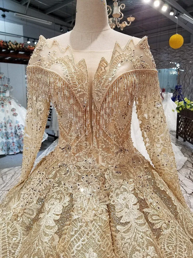 Ball Gown Gold Long Sleeves Lace Appliques Sequins Open Back Beads Quinceanera Dresses