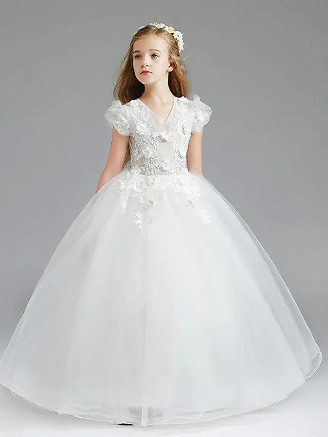 Ball Gown Tulle Short Sleeve V Neck Wedding Party Flower Girl Dresses