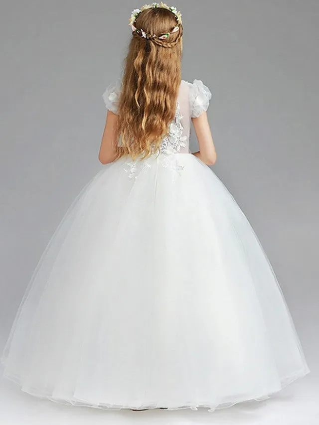 Ball Gown Tulle Short Sleeve V Neck Wedding Party Flower Girl Dresses